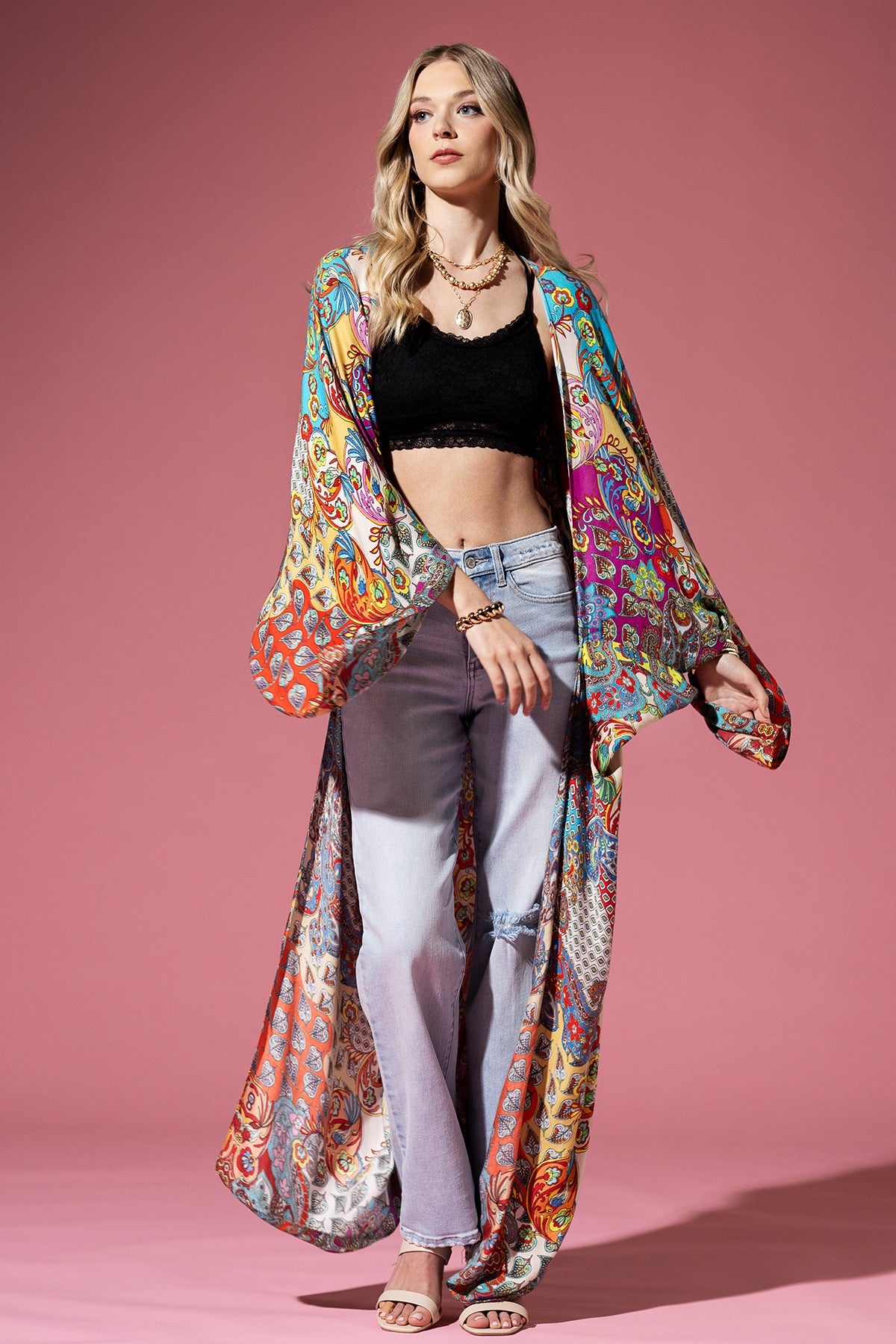 Long Kimono Cardigan with Vibrant Color