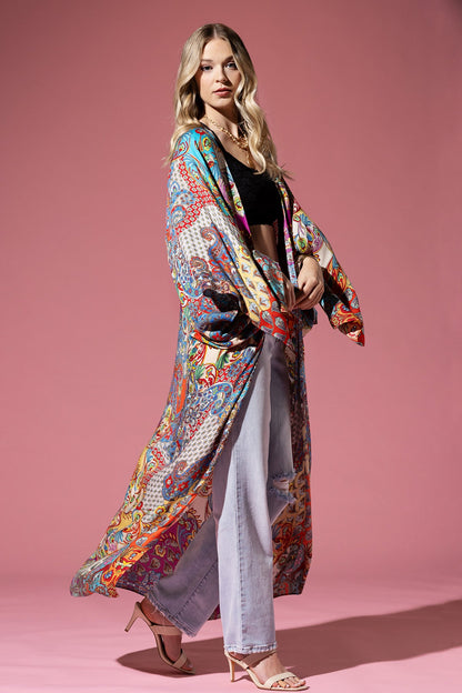 Long Kimono Cardigan with Vibrant Color