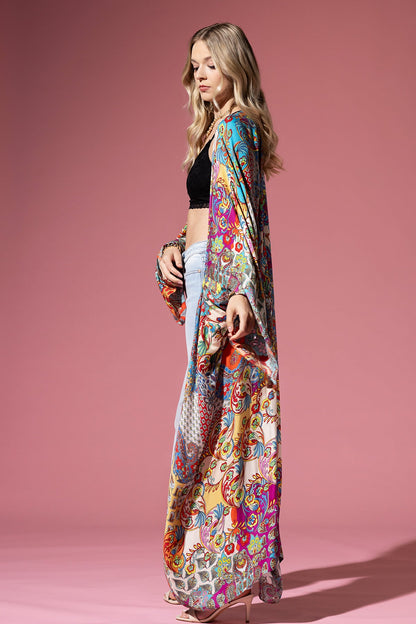 Long Kimono Cardigan with Vibrant Color