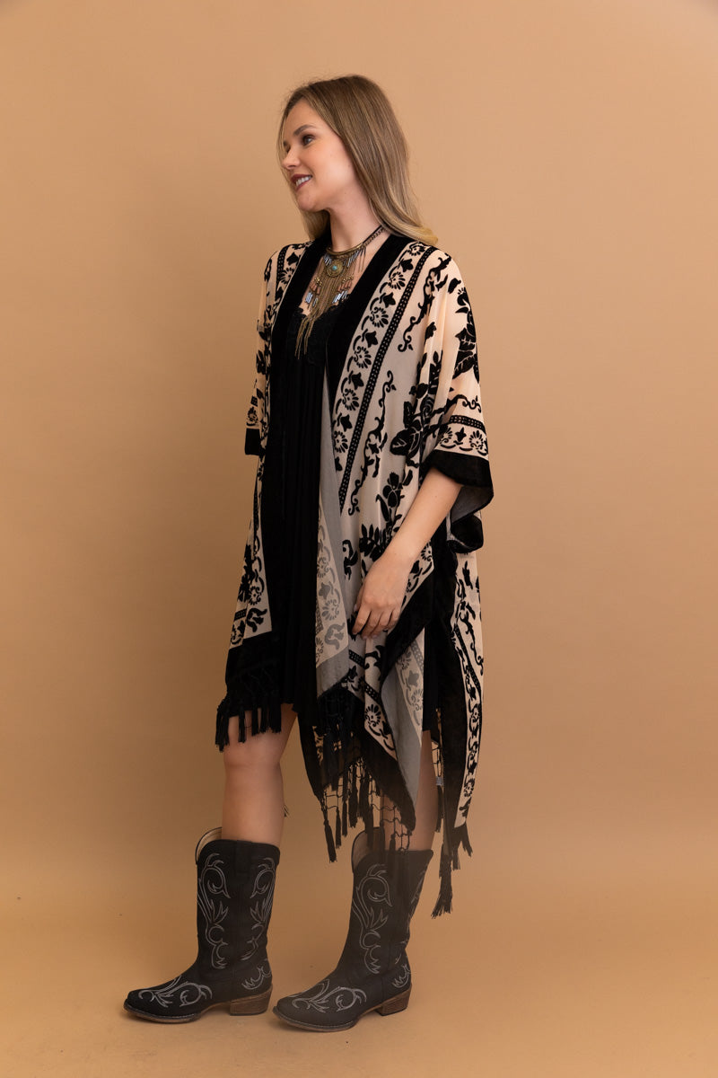 Velvet Burnout Kimono Cardigan with Bohemian Floral Pattern and Tassel Duster for Spring summer