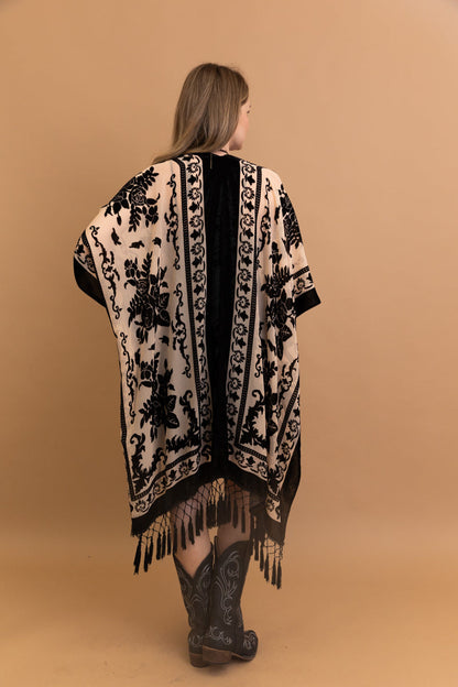 Velvet Burnout Kimono Cardigan with Bohemian Floral Pattern and Tassel Duster for Spring summer