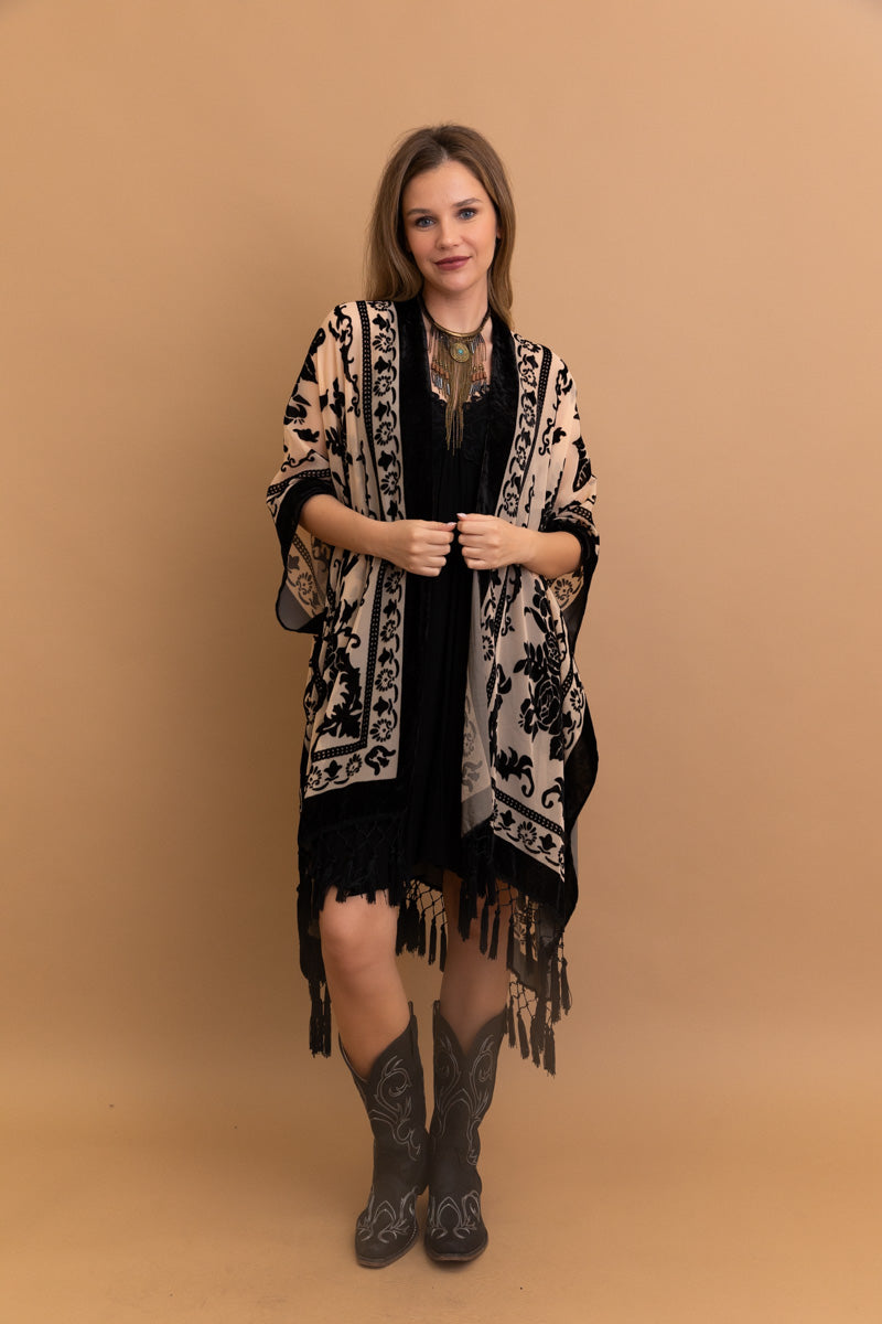 Velvet Burnout Kimono Cardigan with Bohemian Floral Pattern and Tassel Duster for Spring summer