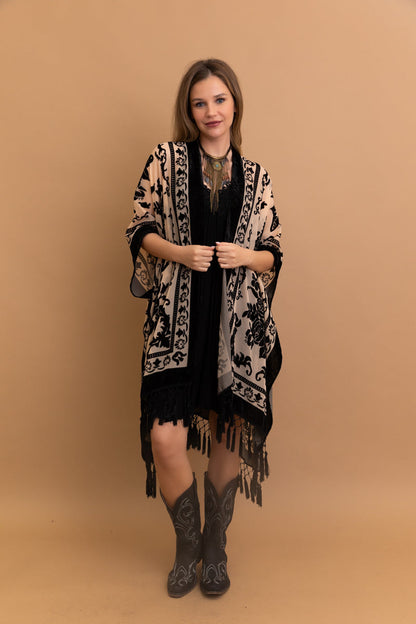 Velvet Burnout Kimono Cardigan with Bohemian Floral Pattern and Tassel Duster for Spring summer