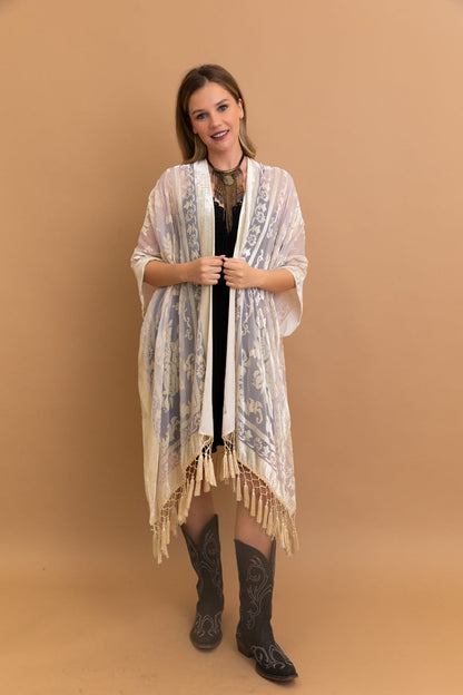 Velvet Burnout Kimono Cardigan with Bohemian Floral Pattern and Tassel Duster for Spring summer