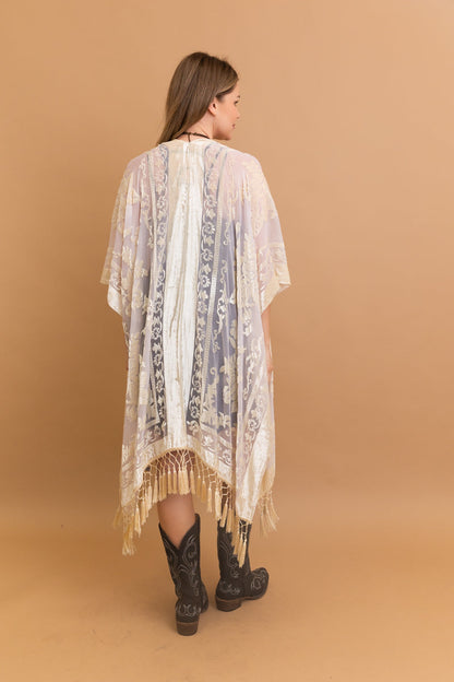 Velvet Burnout Kimono Cardigan with Bohemian Floral Pattern and Tassel Duster for Spring summer