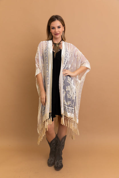 Velvet Burnout Kimono Cardigan with Bohemian Floral Pattern and Tassel Duster for Spring summer