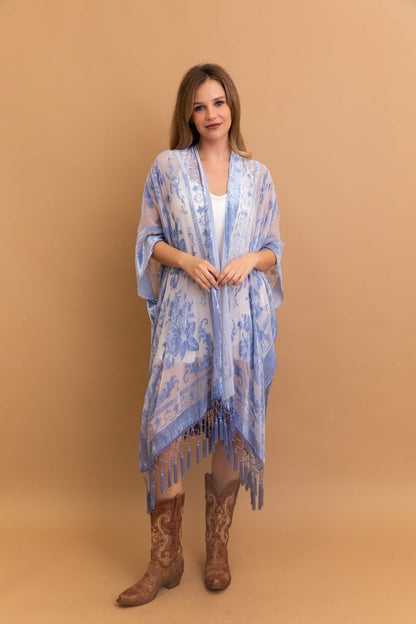 Velvet Burnout Kimono Cardigan with Bohemian Floral Pattern and Tassel Duster for Spring summer