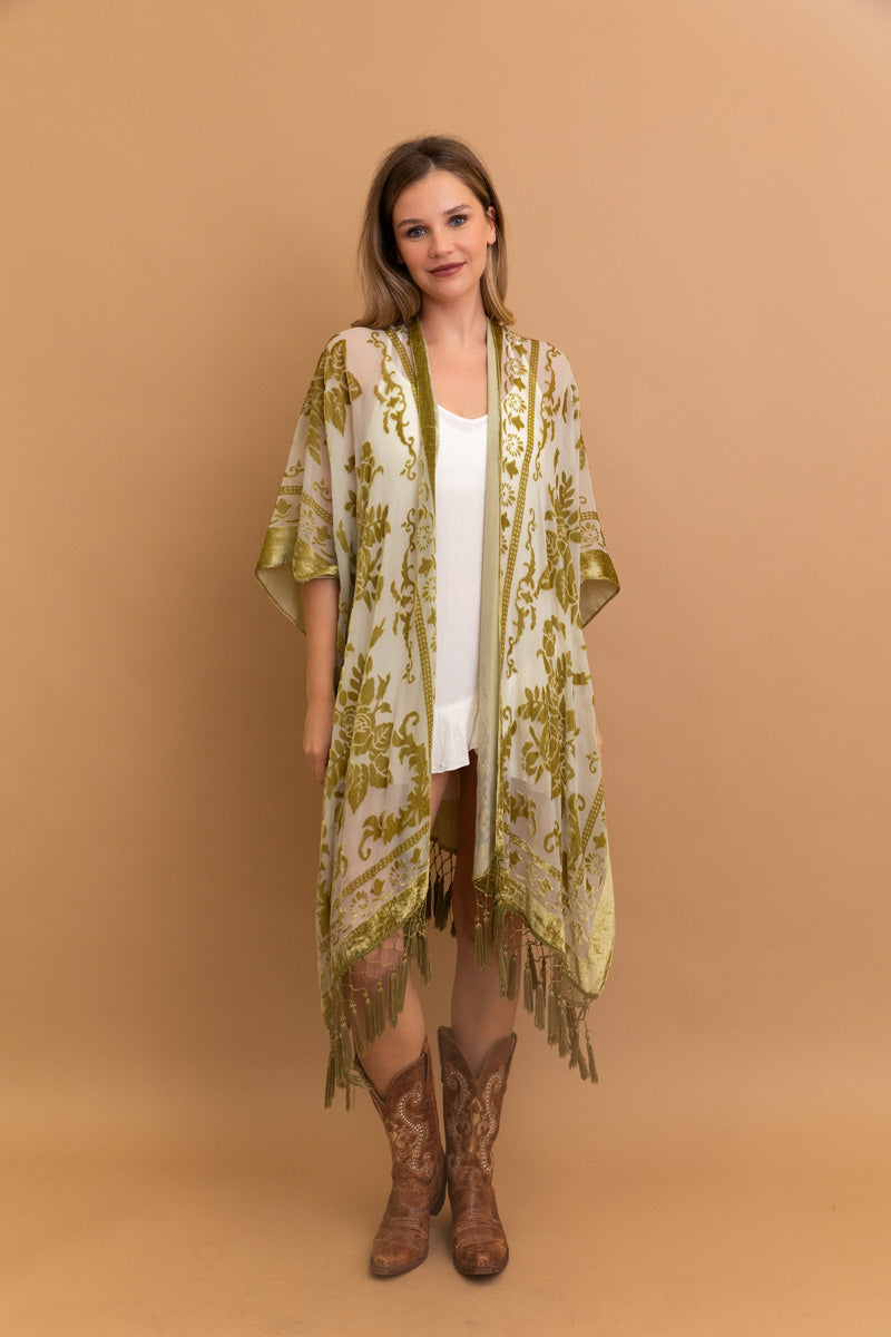 Velvet Burnout Kimono Cardigan with Bohemian Floral Pattern and Tassel Duster for Spring summer