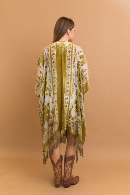 Velvet Burnout Kimono Cardigan with Bohemian Floral Pattern and Tassel Duster for Spring summer