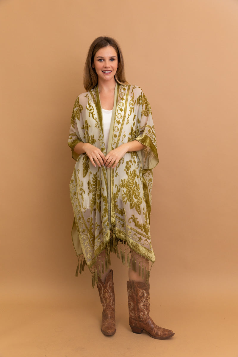 Velvet Burnout Kimono Cardigan with Bohemian Floral Pattern and Tassel Duster for Spring summer