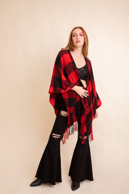 Buffalo Check Tassel Poncho