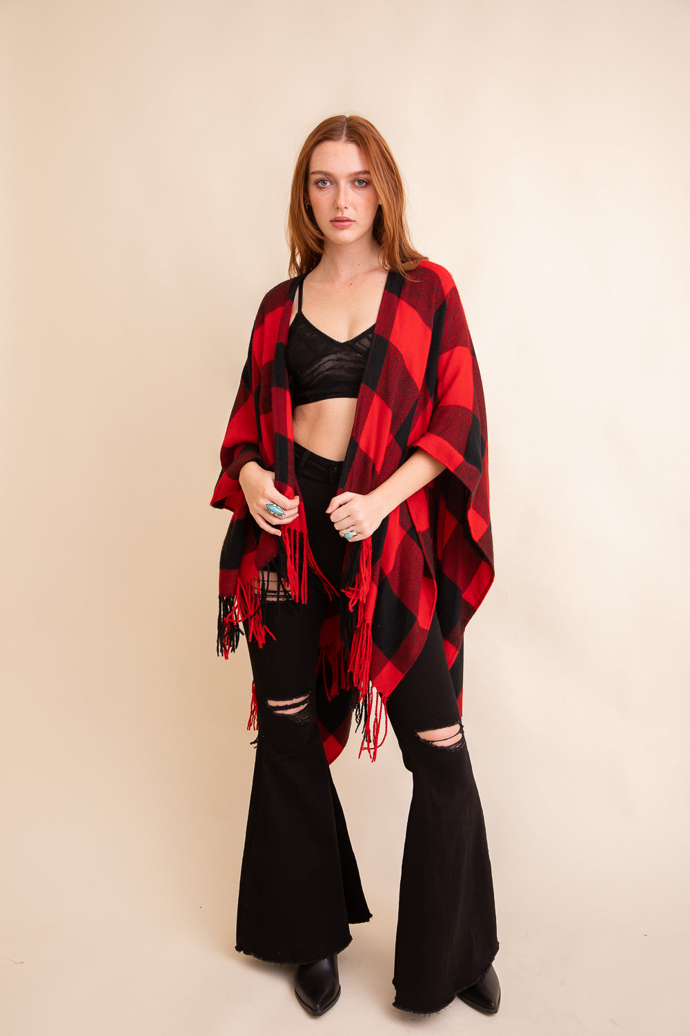 Buffalo Check Tassel Poncho