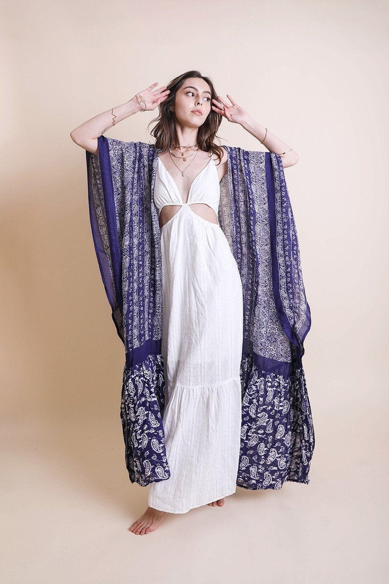 Maxi Ruffle Dress Cardigan Paisley Kimono Duster