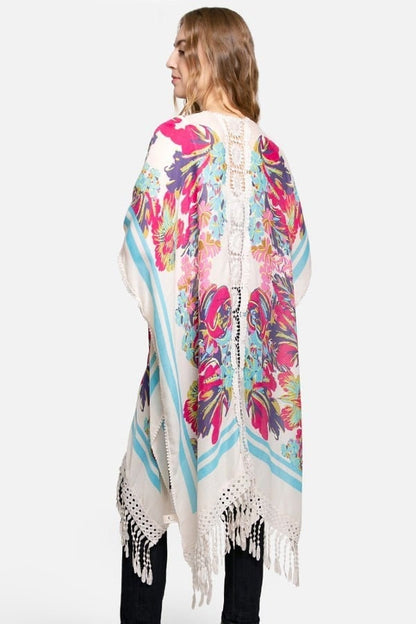 Spring Airy Kimono Duster with Watercolor Floral Print and Lace Trim Arm Holes