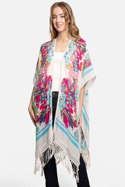 Spring Airy Kimono Duster with Watercolor Floral Print and Lace Trim Arm Holes