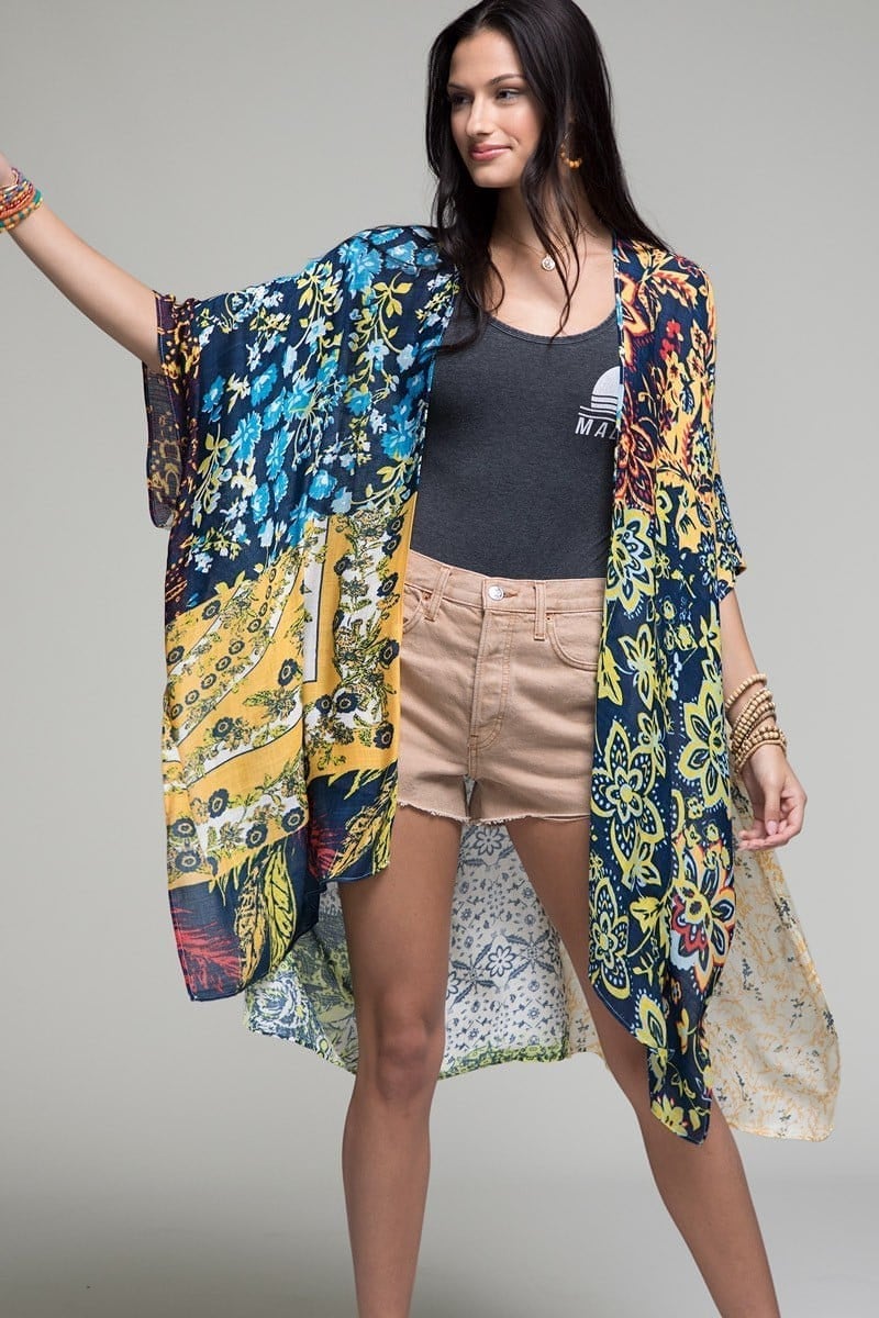 Kimono Duster with Navy Blue Flower