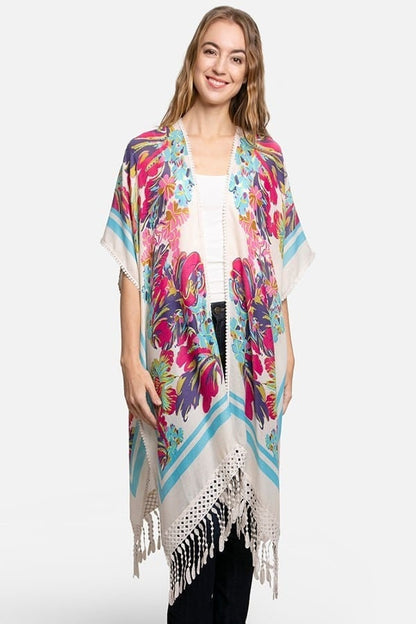 Spring Airy Kimono Duster with Watercolor Floral Print and Lace Trim Arm Holes