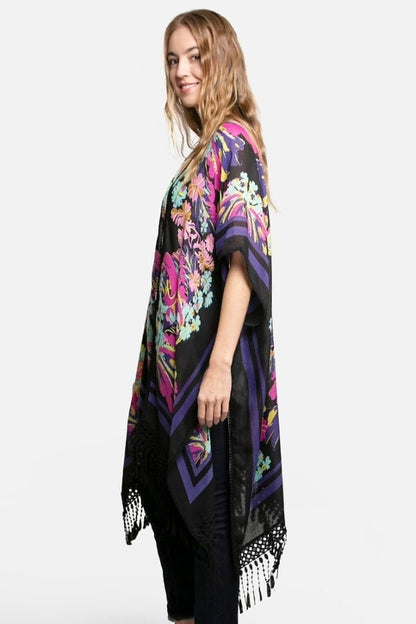 Spring Airy Kimono Duster with Watercolor Floral Print and Lace Trim Arm Holes Black Cardigan