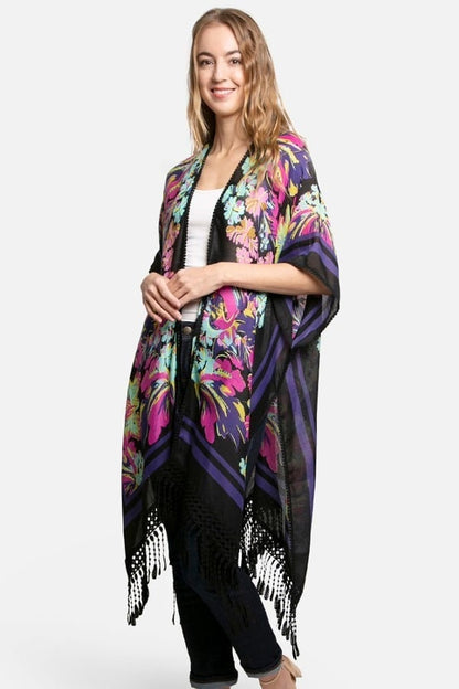 Spring Airy Kimono Duster with Watercolor Floral Print and Lace Trim Arm Holes