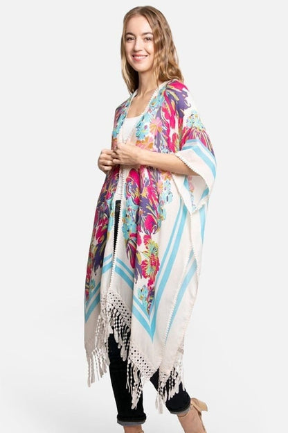 Spring Airy Kimono Duster with Watercolor Floral Print and Lace Trim Arm Holes