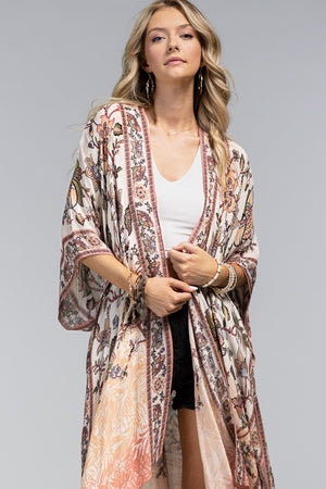 Kimono Cardigan with Bohemian Accent Paisley Flower Beige Pink Soft Robe Spring Vibe for Spring summer