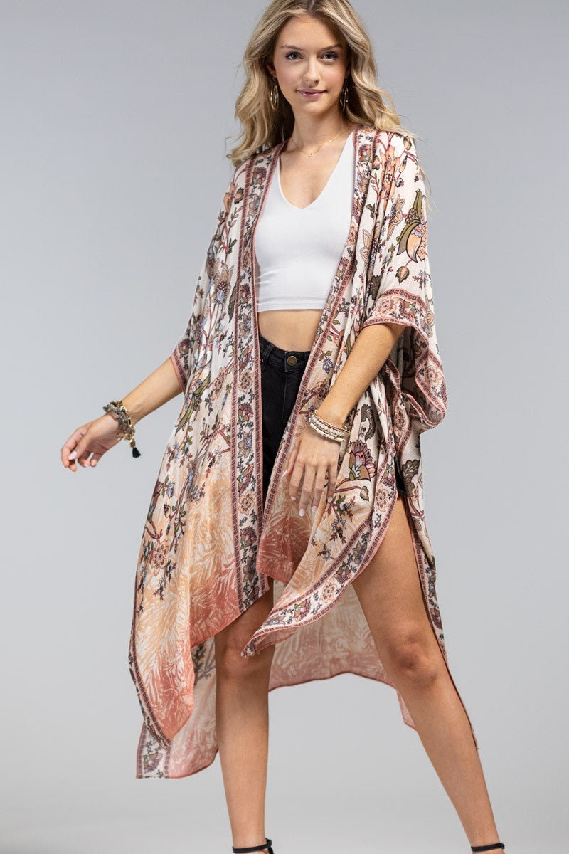 Kimono Cardigan with Bohemian Accent Paisley Flower Beige Pink Soft Robe Spring Vibe for Spring summer