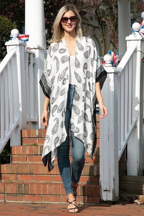 Kimono Cardigan with Bohemian Outfit Navy Blue Paisley Beach Cover Up Tie Dye Watercolor Print for Spring summer