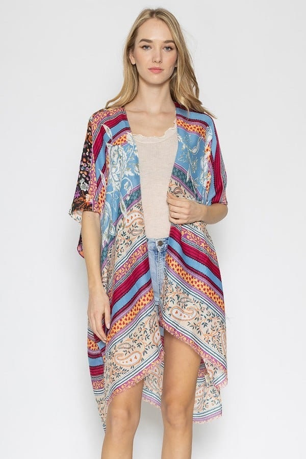 Kimono Cardigan with Bohemian Outfit Aztec Print Orange Green Beach Cover Up Tie Dye Watercolor Print for Spring summer
