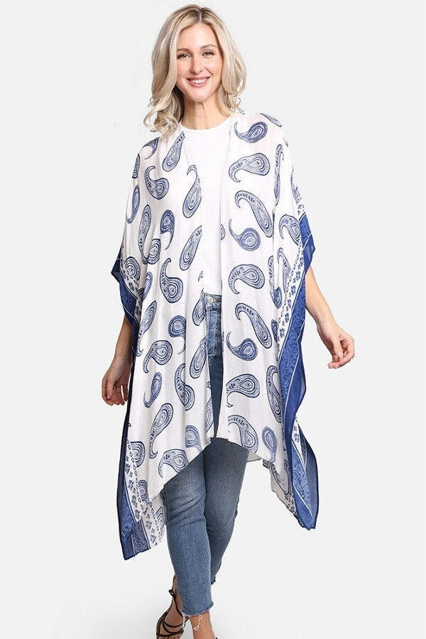 Kimono Cardigan with Bohemian Outfit Navy Blue Paisley Beach Cover Up Tie Dye Watercolor Print for Spring summer