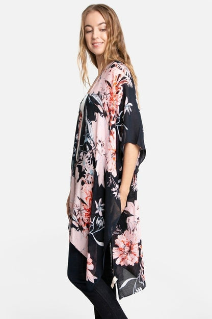 Kimono Cardigan with Bohemian Chrysanthemum Flower Red Black Duster Lightweight Duster for Spring summer