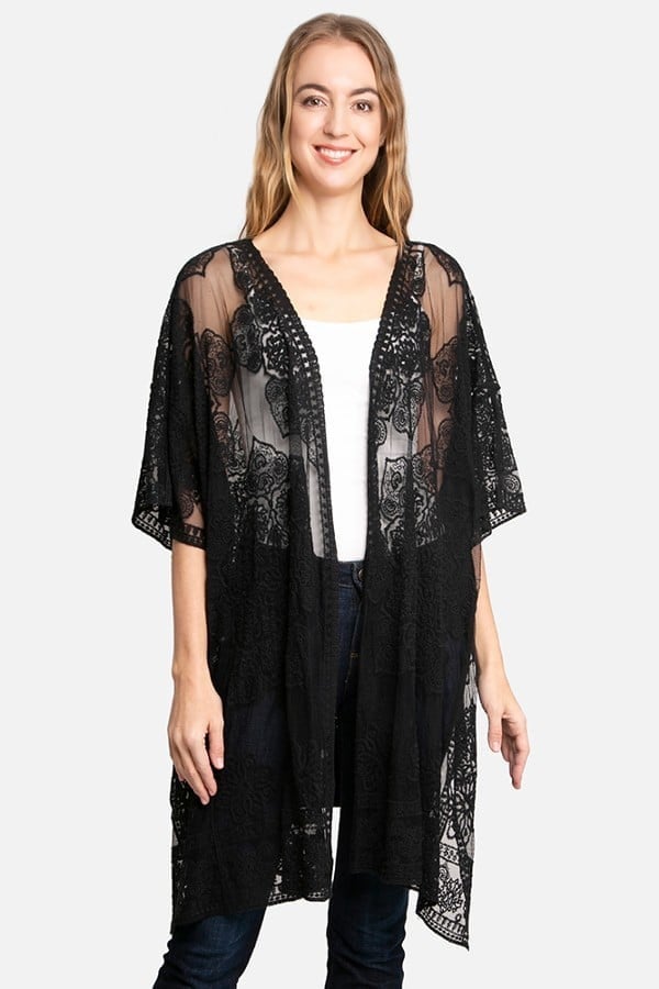 Black Lace Kimono Duster with Peacock Animal Crochet Lace Pattern