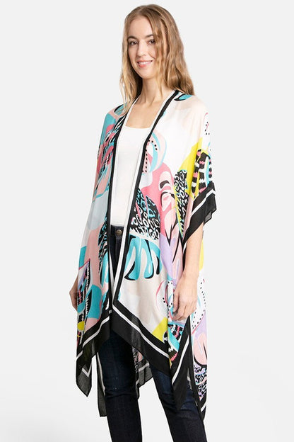 Kimono Cardigan with Bohemian Crochet Lace Back and Watercolor Floral Pattern for Spring summer