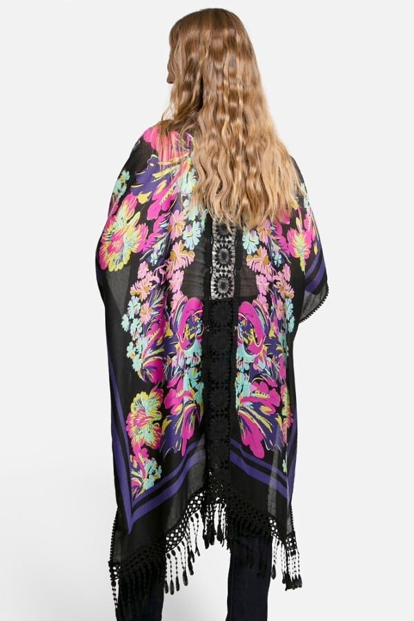 Kimono Cardigan with Bohemian Crochet Lace Back and Black Duster Watercolor Floral Pattern for Spring summer