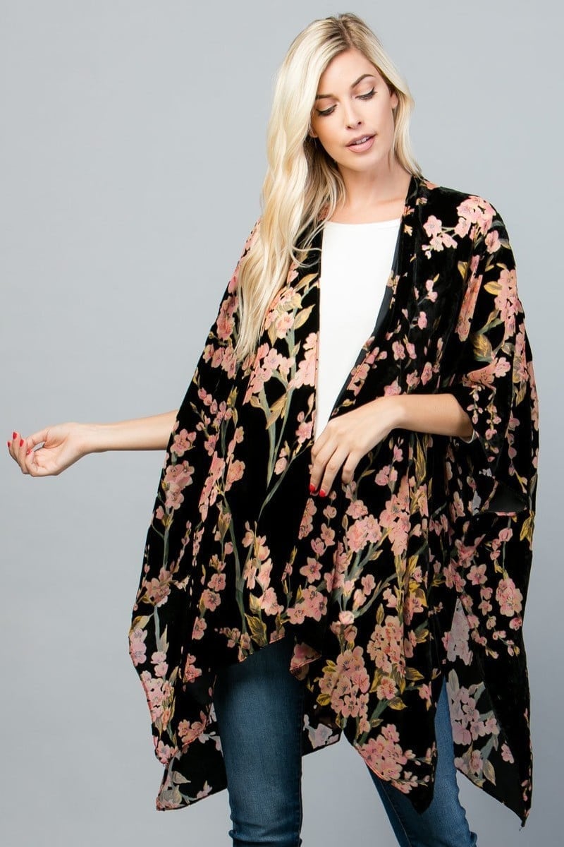 Velvet Burnout Kimono Cardigan with Bohemian Cherry Blossom Flower Pattern and Tassel Duster for Spring summer