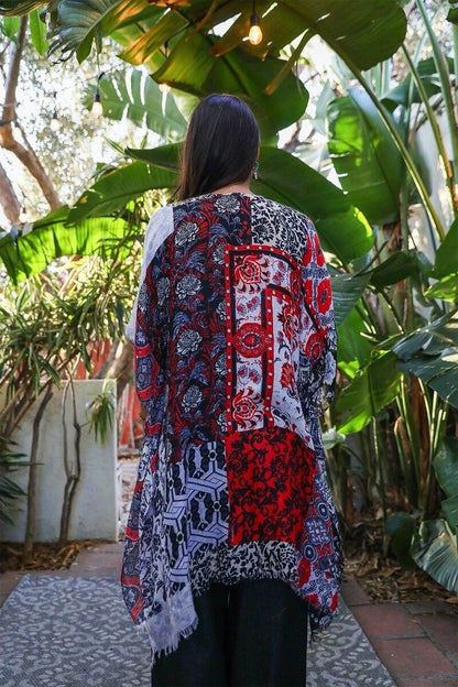 Lightweight Kimono Cardigan with Bohemian Boho  Black Red Flower Print for Spring summer
