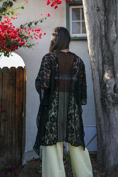 Black Lace Kimono Duster with Crochet Floral Lace