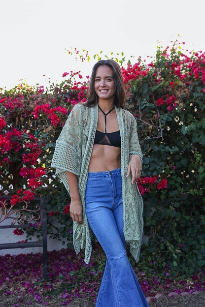 Lace Kimono Duster with Crochet Floral Sage Green Lace Pattern Beach Cover Up