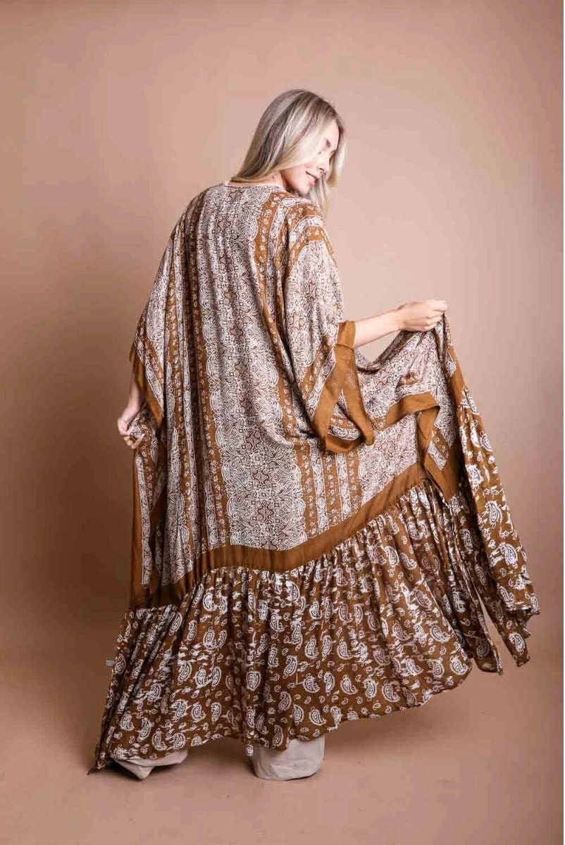 Kimono Cardigan with Bohemian Accent Paisley Pattern Ruffle Hem Long Cover Up Olive Green for Spring summer