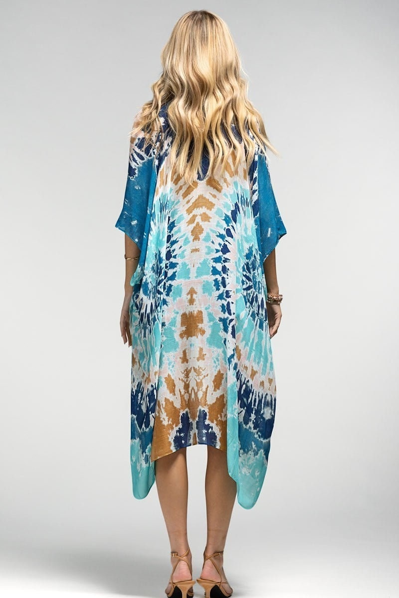 Kimono Cardigan with Bohemian Outfit Blue Ocean Beach Cover Up Tie Dye Watercolor Print for Spring summer