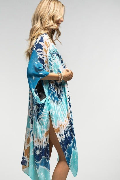 Kimono Cardigan with Bohemian Outfit Blue Ocean Beach Cover Up Tie Dye Watercolor Print for Spring summer