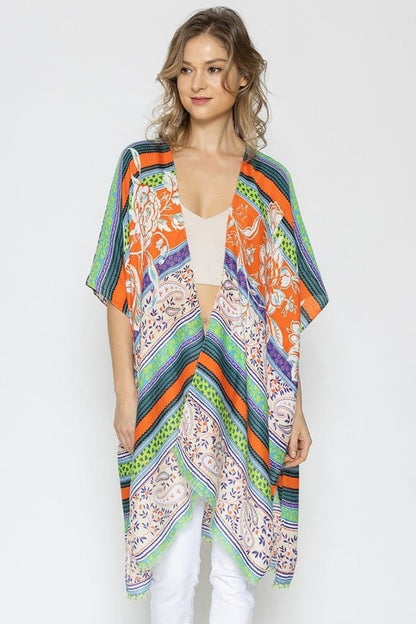 Kimono Cardigan with Bohemian Outfit Aztec Print Orange Green Beach Cover Up Tie Dye Watercolor Print for Spring summer