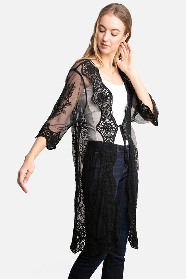 Black Lace Kimono Duster with Peacock Animal Crochet Lace Pattern