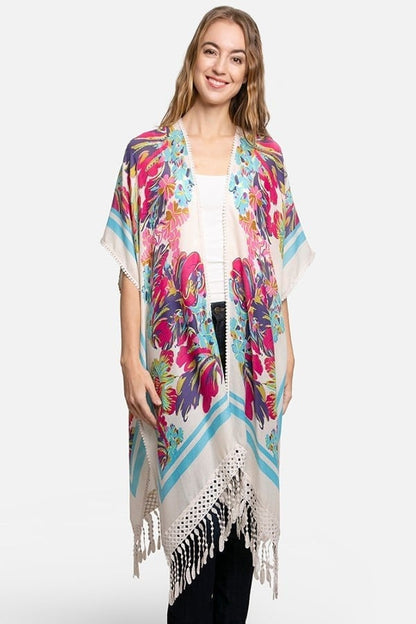 Kimono Cardigan with Bohemian Crochet Lace Back and Watercolor Floral Pattern for Spring summer