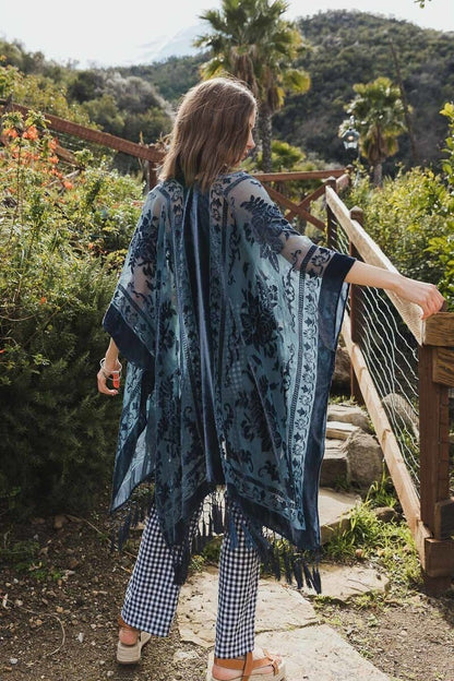 Velvet Burnout Kimono Cardigan with Bohemian Cherry Blossom Flower Pattern and Tassel Duster for Spring summer