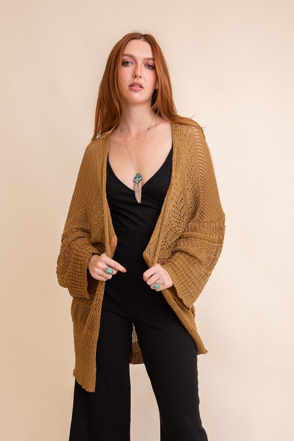 Sage Knit Netted Cardigan Kimono Duster