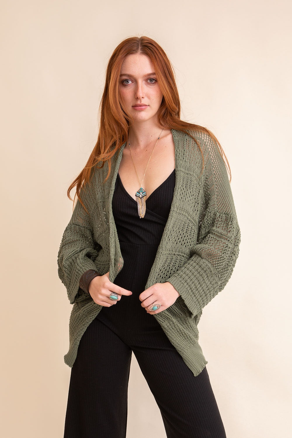 Sage Knit Netted Cardigan Kimono Duster