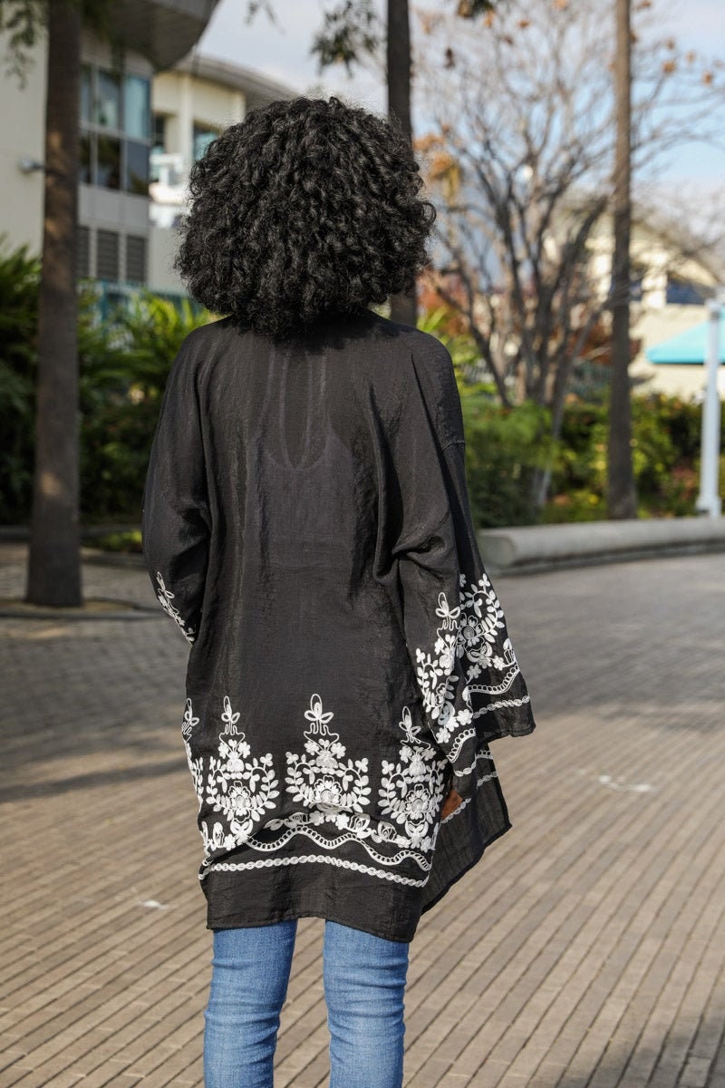 Flower Embroidery Brown Kimono Cardigan