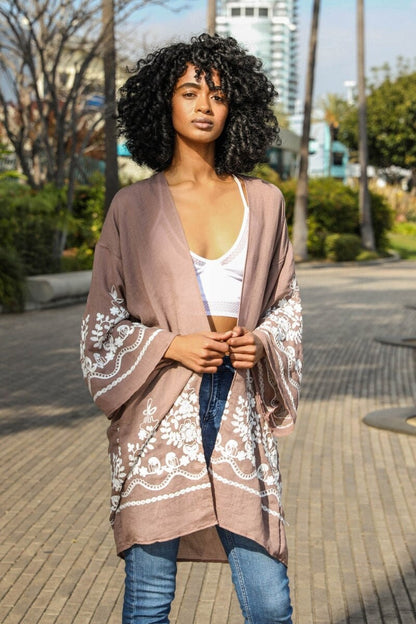 Flower Embroidery Brown Kimono Cardigan