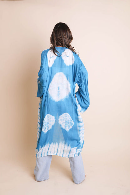 Blue Tie Dye Long Kimono Duster