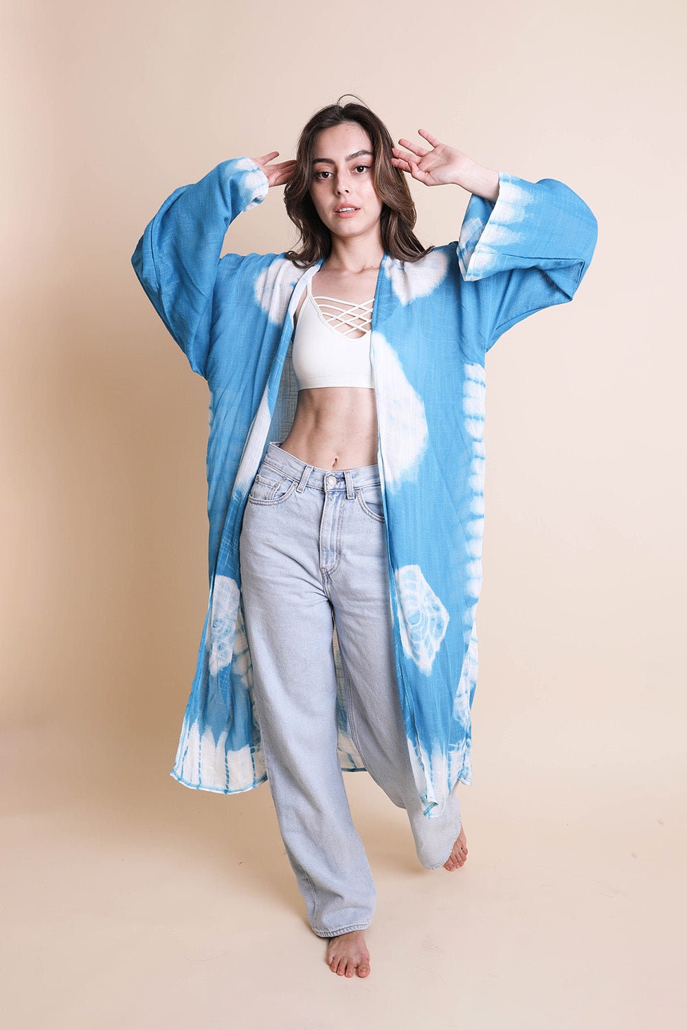 Blue Tie Dye Long Kimono Duster